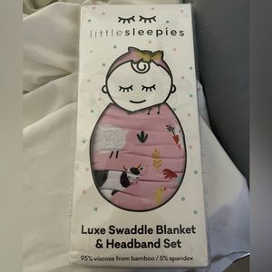 NIB Little Sleepies Pink Farm Animals Luxe Swaddle Blanket & Headband Set